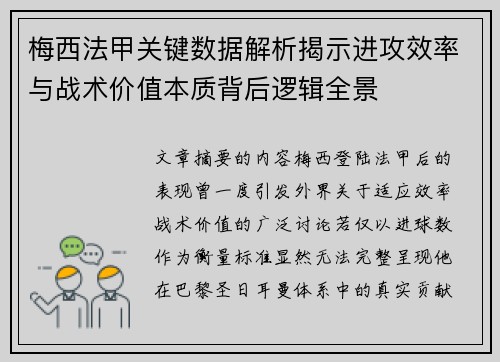 梅西法甲关键数据解析揭示进攻效率与战术价值本质背后逻辑全景 梅西法甲关键数据解析揭示进攻效率与战术价值本质背后逻辑全景