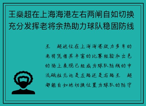 王燊超在上海海港左右两闸自如切换充分发挥老将余热助力球队稳固防线 王燊超在上海海港左右两闸自如切换充分发挥老将余热助力球队稳固防线